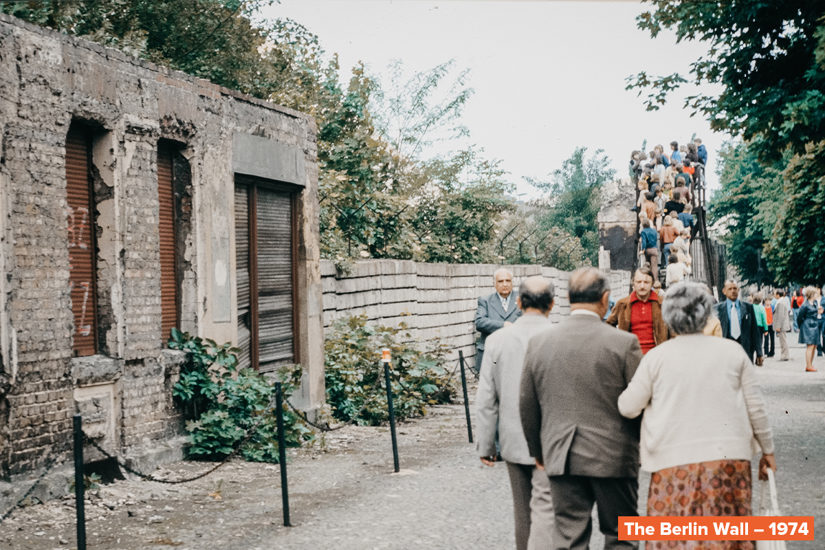 A crowd of people standing in front of the Berlin Wall in 1974